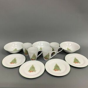 CIB Porcelain Christmas Tree White Soup Cereal Bowls Salad‎ Plates Cups Green